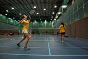 A photo of a badminton game.